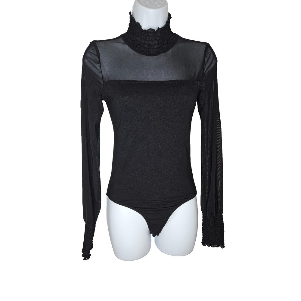 Fashion Nova S Black Sheer Mesh High Neck Long Sleeve Bodysuit‎ Goth Glam Grunge